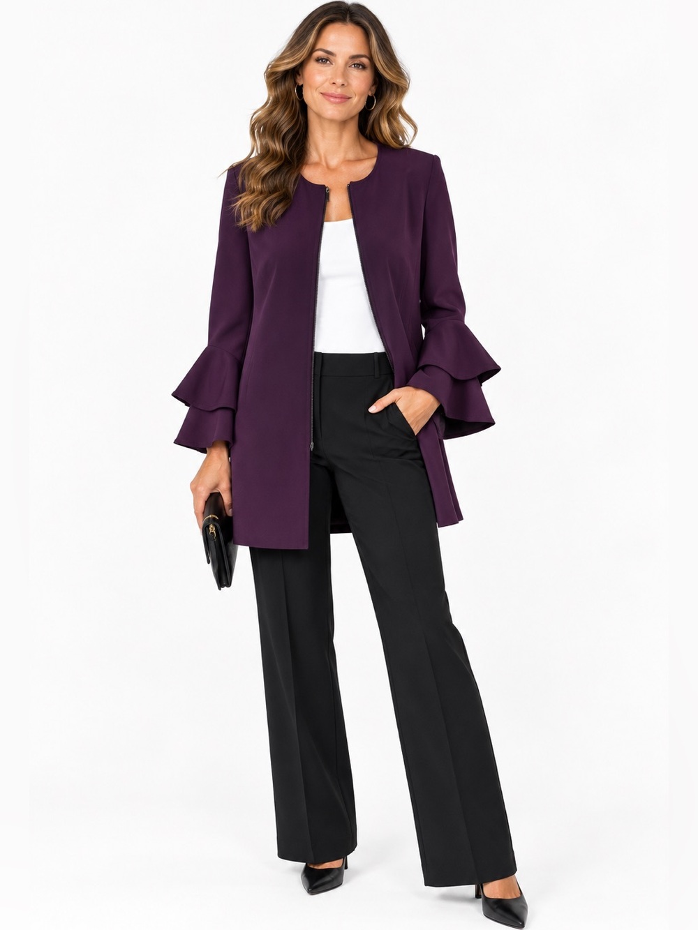 Alfani Purple Ruffle Bell Sleeve Zip Front Long Jacket with Pockets Size L